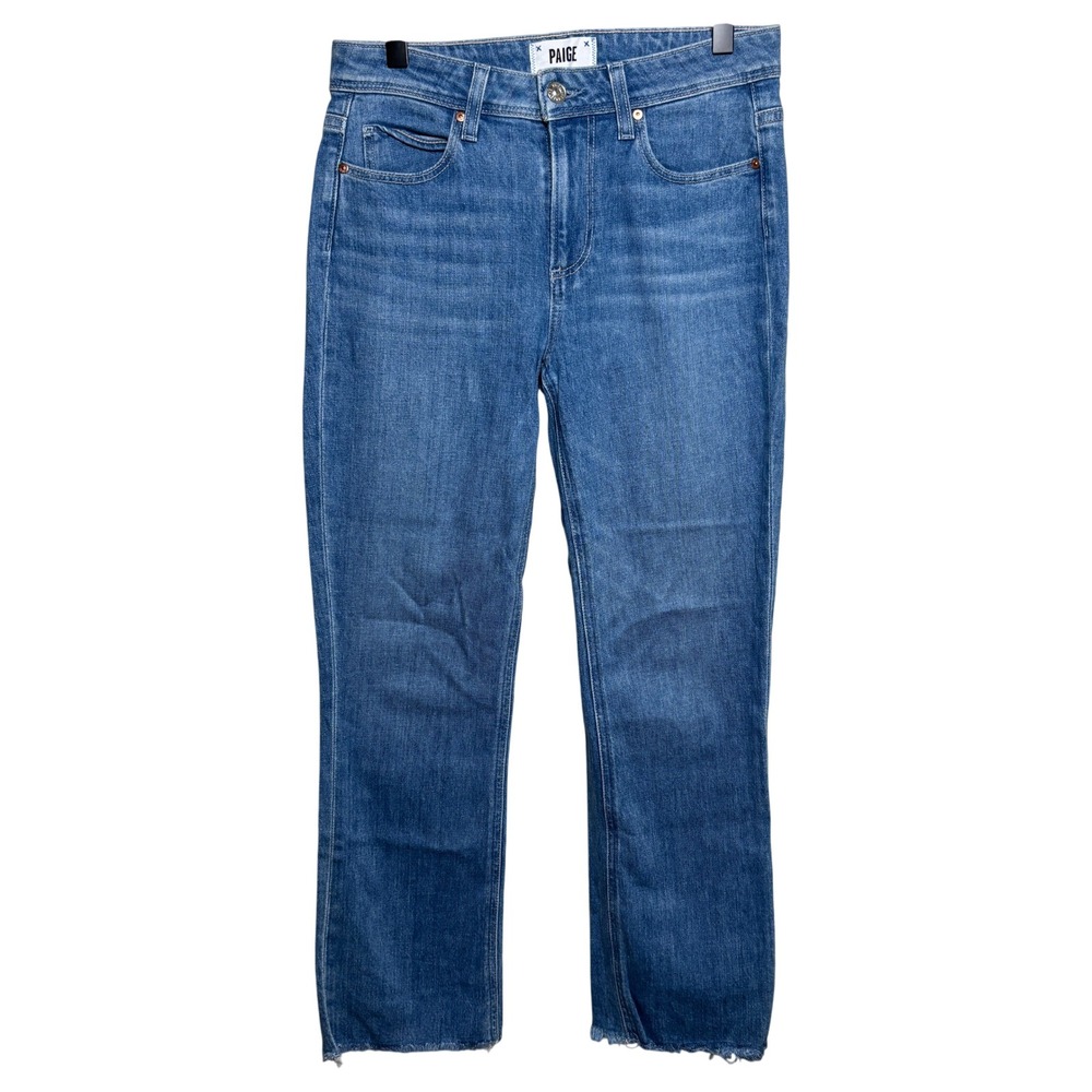 PAIGE Blue Colette Crop Flare Straight Leg Frayed Raw Hem Denim Jeans Womens 25‎